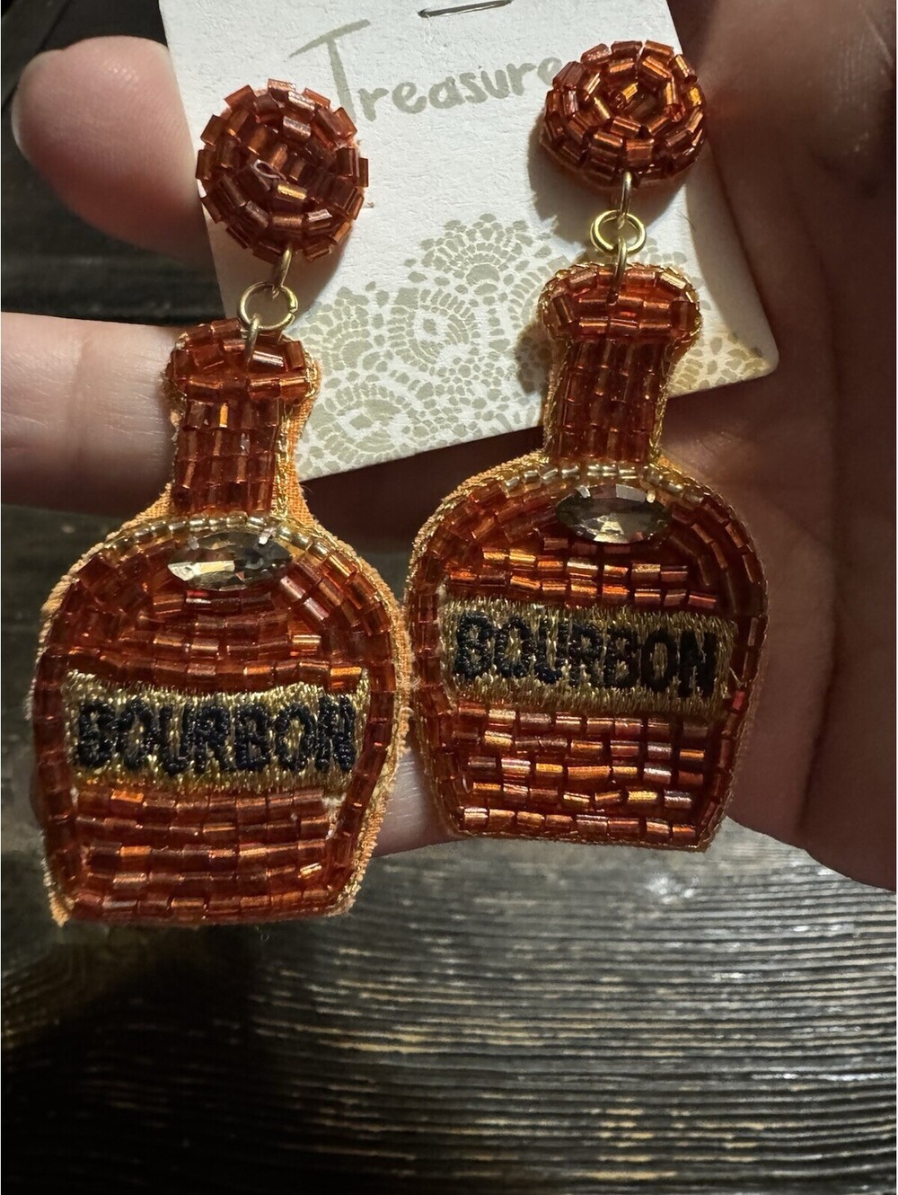 Treasure Bourbon Bottle Beaded Earrings Brown Orange Statement NWT